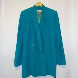 Oleg Cassini Vintage 100% Silk Blue Longlined Double Breast Blazer Skirt Suit 10